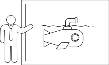 Denizaltı tasarımı sunan kişiyi gösteren bir çizgi çizimi, eğitim ve iş bağlamları için uygundur..