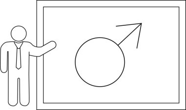Takım elbiseli bir kişi beyaz tahtada erkek sembolünü sunuyor. Görüntü siyah beyaz bir çizgi..