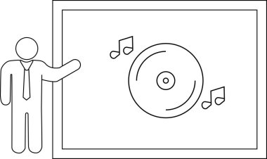 Takım elbiseli bir kişi müzik üzerine bir sunum yapıyor, ekrandaki CD 'ye işaret ediyor..