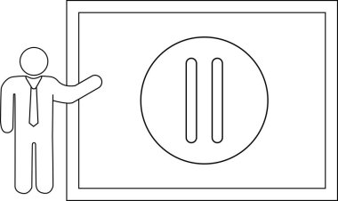 Bir adam ekranda bir duraklama sembolü sunuyor, muhtemelen bir sunum ya da etkinlik sırasında bir mola ya da kesintiye işaret ediyor.