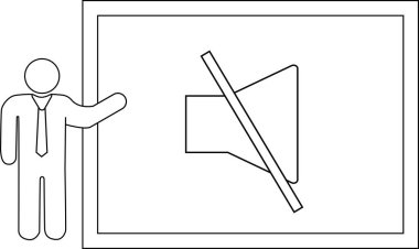 Bir sunucu sessiz bir sunum veya sessiz bir ses simgesini gösteren bir ekranın yanında duruyor.