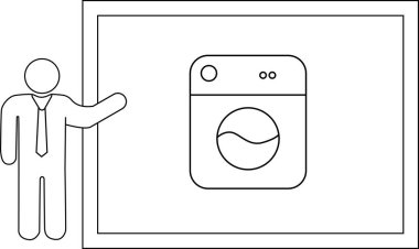 Bir sunucu çamaşır makinesi diyagramını gösteren bir beyaz tahtanın yanında duruyor, muhtemelen sunum ortamında onun özelliklerini ya da teknolojisini tartışıyor..