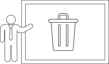 Ekranda çöp tenekesi olan ve atık yönetimi hakkında sunum yapan bir çöp adam. Geri dönüşüm, atılım ve çevresel farkındalık.