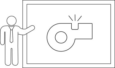 Takım elbiseli bir adam arkasında bir ekranda düdük simgesi olan bir konsept sunuyor..