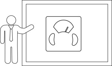 Ekranda ağırlık ölçeği sunan bir kişinin basit bir çizgi çizimi, sağlık, zindelik veya iş sunumları için ideal.