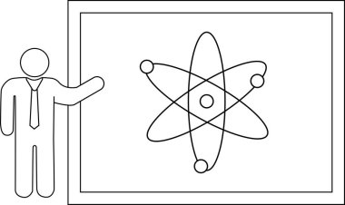 Bir tahtada, eğitici veya bilimsel temalar için uygun bir atom diyagramı sunan bir kişinin çizgi çizimi.