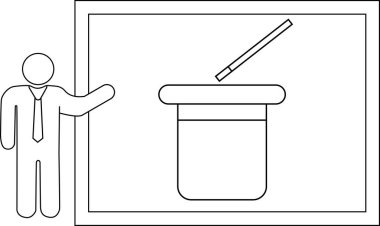 Sihirbazın çizdiği çizgi, sihirli bir numara ya da performans öneren bir değnekle bir şapkanın yanında duruyor..