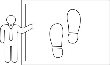 Takım elbiseli bir adam panoda ayak izleri sunar. İş stratejisini, analizi ve başarıya giden yolu sembolize eder..