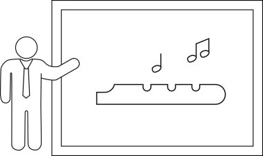 Çubuk figürlü bir öğretmen beyaz tahtaya flüt ve müzik notaları koyar, müzik eğitimi veya ders için idealdir..