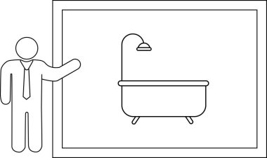 Takım elbiseli bir işadamı beyaz tahtanın üzerinde banyo küveti tasarımı sunar, özelliklerini ve potansiyel faydalarını gösterir..