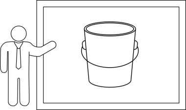 Çerçevelenmiş bir arkaplan karşısında kovayı sunan bir kişinin yer aldığı, eğitici ve bilgilendirici amaçlar için uygun minimalist bir sanat çizgisi..