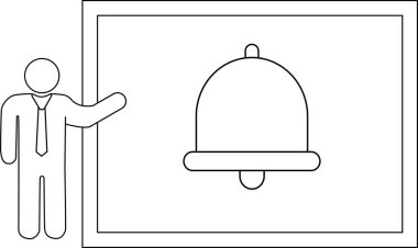 Beyaz tahta üzerinde bir çan simgesi sunan bir kişi, bir işletme veya eğitim ortamında bildirimleri, uyarıları veya duyuruları sembolize eder.