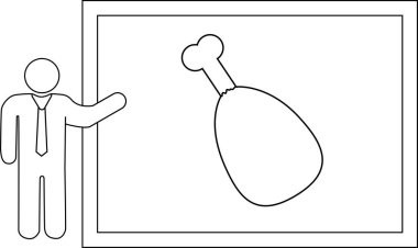 Takım elbiseli bir adam beyaz tahtaya bir tavuk budu çiziyor ve basit bir çizim yapıyor..