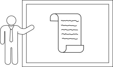 Takım elbiseli bir kişi basit bir taslak biçiminde bir belge sunar..