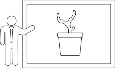 Çubuk bir fidan, ölmekte olan bir bitkiyi beyaz tahtadaki bir tencerede sunar. Bu da çevresel sorunları ya da iş düşüşünü simgeler..