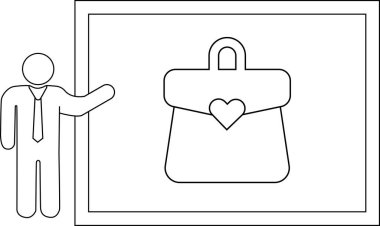 Beyaz tahtada kalp tasarımı olan bir çanta sunan biri, basit siyah beyaz çizgiler çiziyor..