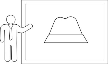 Basit bir taslak şeklinde tasvir edilmiş beyaz tahta üzerinde şapka tasarımı sunan bir kişi. Resim tasarım ve sunuma odaklanıyor.