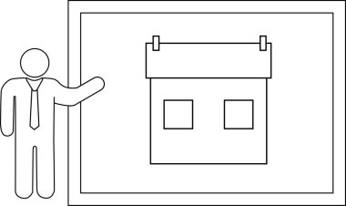 Takım elbiseli bir adam panoda bir ev sunar, basit bir çizimle gayrimenkul ya da mimari tasarım sergiler..
