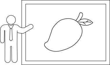 Çubuk bir figür beyaz tahtanın üzerine bir mango çizimi sunar, meyve şeklini ve yaprak detaylarını minimalist tarzda gösterir..