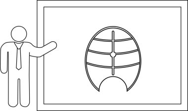 Taslaktaki bir kişi beyaz tahtada şekillendirilmiş bir küre sunar, basit siyah beyaz çizimler..