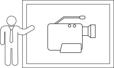Takım elbiseli bir kişi, basit bir taslak tarzında tasvir edilmiş bir video kamerayı ekranda sunar..