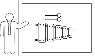 Ksilofonu beyaz tahtada tokmakla sunan, müzik aletlerini ve eğitimi sergileyen bir kişi..