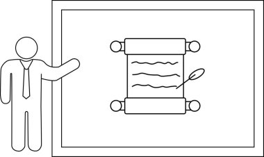 Ekranda antik bir parşömeni gösteren basit bir çizgi çizimi, tarihsel veya eğitici içerik için idealdir.