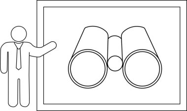 Çubuk bir figürde dürbün, vizyonu, stratejiyi ve iş ortamında planlamayı sembolize eden bir slayt sunuluyor. Öngörü ve fırsatı göstermek için ideal..