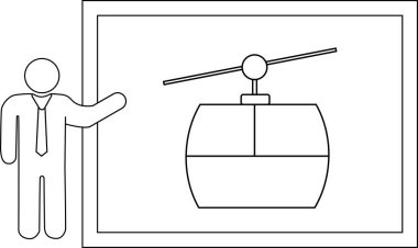 Sunumlar veya eğitim materyalleri için uygun, teleferik tasarımı sunan bir kişinin basit bir illüstrasyonu.