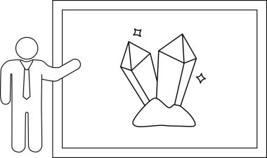 Bir iş adamı, kristallerin bir diyagramını sunar, muhtemelen özelliklerini, piyasa değerini veya iş bağlamında sembolik önemi tartışır..