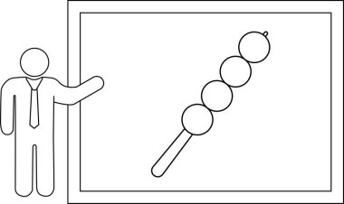 Eğitim ve mutfak teması için uygun olan beyaz tahtada dango şişini sunan bir kişiyi gösteren basit bir çizgi çizimi.