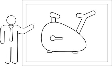 Takım elbiseli bir kişi, basit bir taslak çizim olarak tasvir edilmiş, bir çerçeve içinde egzersiz bisikleti sunar..