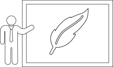 Takım elbiseli bir kişi, basit bir çizimde tasvir edilen beyaz tahta üzerinde bir tüy tasarımı sunar..
