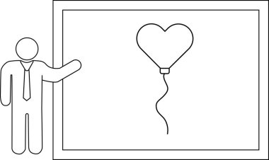 Kravat takmış bir çöp adam beyaz tahtada kalp şeklinde bir balon sunar. Aşkı, sunumları ve görsel yardımcıları sembolize eder..