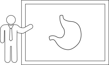 İnsan midesinin diyagramını sunan bir çöp adam anatomisini ve işlevini sunum ortamında gösteriyor..