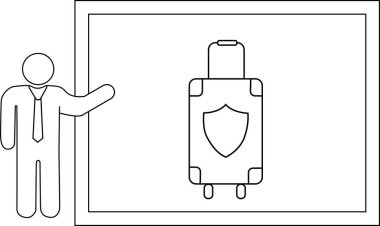 Bir kişi bavulu bir kalkan ile sunar, bagaj koruması için seyahat sigortasını temsil eder, güvenliği ve iç huzuru vurgular..
