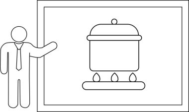 Sobada demlik sunan bir kişinin basit bir çizgi çizimi, yemek pişirmek ya da sunum temaları için ideal..
