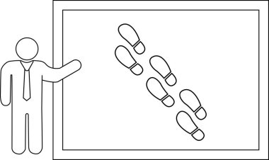 Sunucu, kaydedilen ilerlemeyi veya atılan adımları sembolize eden ayak izlerini gösteren bir tahtaya işaret ediyor. Büyüme, seyahat ya da bir yolu takip etmek gibi kavramları göstermek için idealdir..