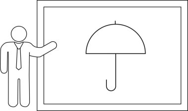 Bir sunucu elinde şemsiye sembolü olan bir kurulun yanında duruyor, basit bir çizimle sigortayı temsil ediyor..