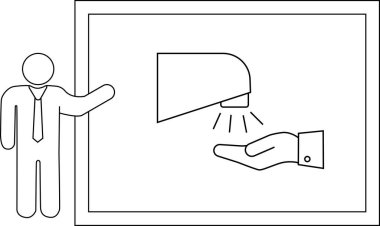 El kurutma makinesinin nasıl kullanılacağını açıklayan bir çizim, el kurutma makinesi ve el gösterimi ile..