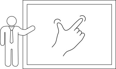 Etkileşimli bir beyaz tahtaya doğru hareket eden bir sunucunun tasviri, teknoloji veya eğitim kavramları için ideal bir çimdik hareketi yapan bir eli gösteriyor..