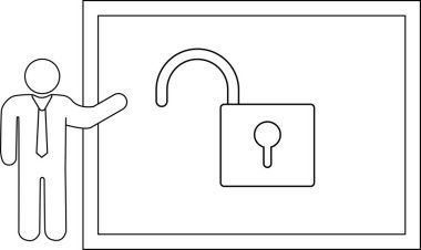 Bir sunucu, bir sunum veya açıklamada güvenliği, erişimi veya özgürlüğü sembolize eden açık asma kilidi gösteren bir kurulun yanında duruyor..