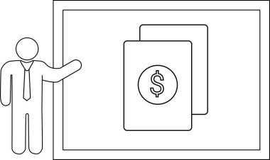 Mali verileri ekranda dolar sembolü ile sunan bir kişinin canlandırılması, iş veya yatırım kavramlarını temsil ediyor.
