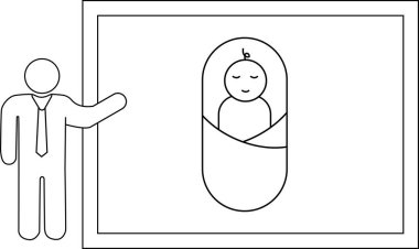 Çubuk bir figür, doğumu ya da yeni başlangıçları simgeleyen beyaz tahtaya kundaklanmış bir bebeğin resmini sunar..