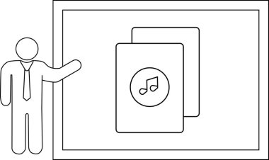 Bir sunucu, müzik teknolojisi veya sunumlar için ideal olan müzik dosyalarını gösteren bir ekranın yanında duruyor.