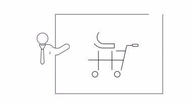 Müşteri çekimini sembolize eden, beyaz tahtayı alışveriş arabası ve mıknatısla sunan bir minimalist çizim..