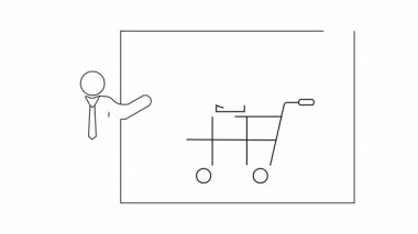 Bir kahve dükkanı, sunucu, ekran, kahve fincanı ve alışveriş arabasının yer aldığı bir iş sunumunun bir çizgisi..