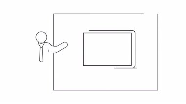 Siber güvenlik önlemleri sunan bir kişinin, veri korumasını sembolize eden bir dizüstü bilgisayarı ve anahtarı ile sürekli çizimi.