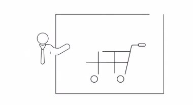 Basit bir çizgi sanat animasyonu bir kişinin alışveriş arabası ve güç düğmesi ile bir e-ticaret konseptini sunuşunu gösteriyor. Açıklayıcı videolar için mükemmel.