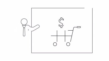 Bir sunucunun e-ticareti temsil eden bir alışveriş arabası ve dolar işareti olan bir ekranı göstermesi..